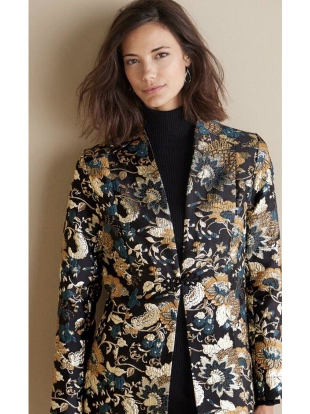 Soft Surroundings Viola Jacquard Jacket Party Gold Black Petite Small NWT